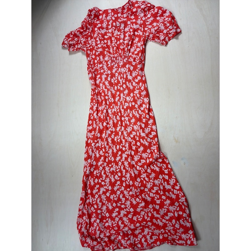 ASOS Coral orange Floral Print Midi Tea Dress Short Puff Sleeve open back Size 6